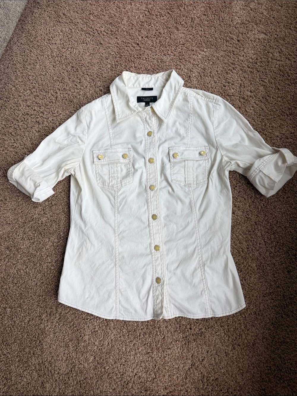 Talbots Cream Button-Front Cotton Utility Shirt
